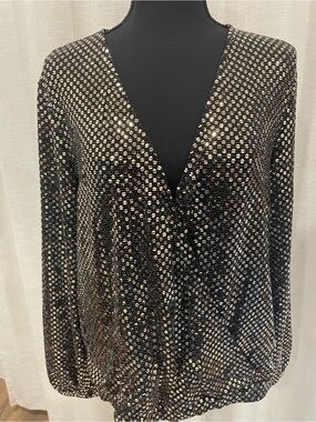 Black Metallic Dot V-Neck Party Blouse
